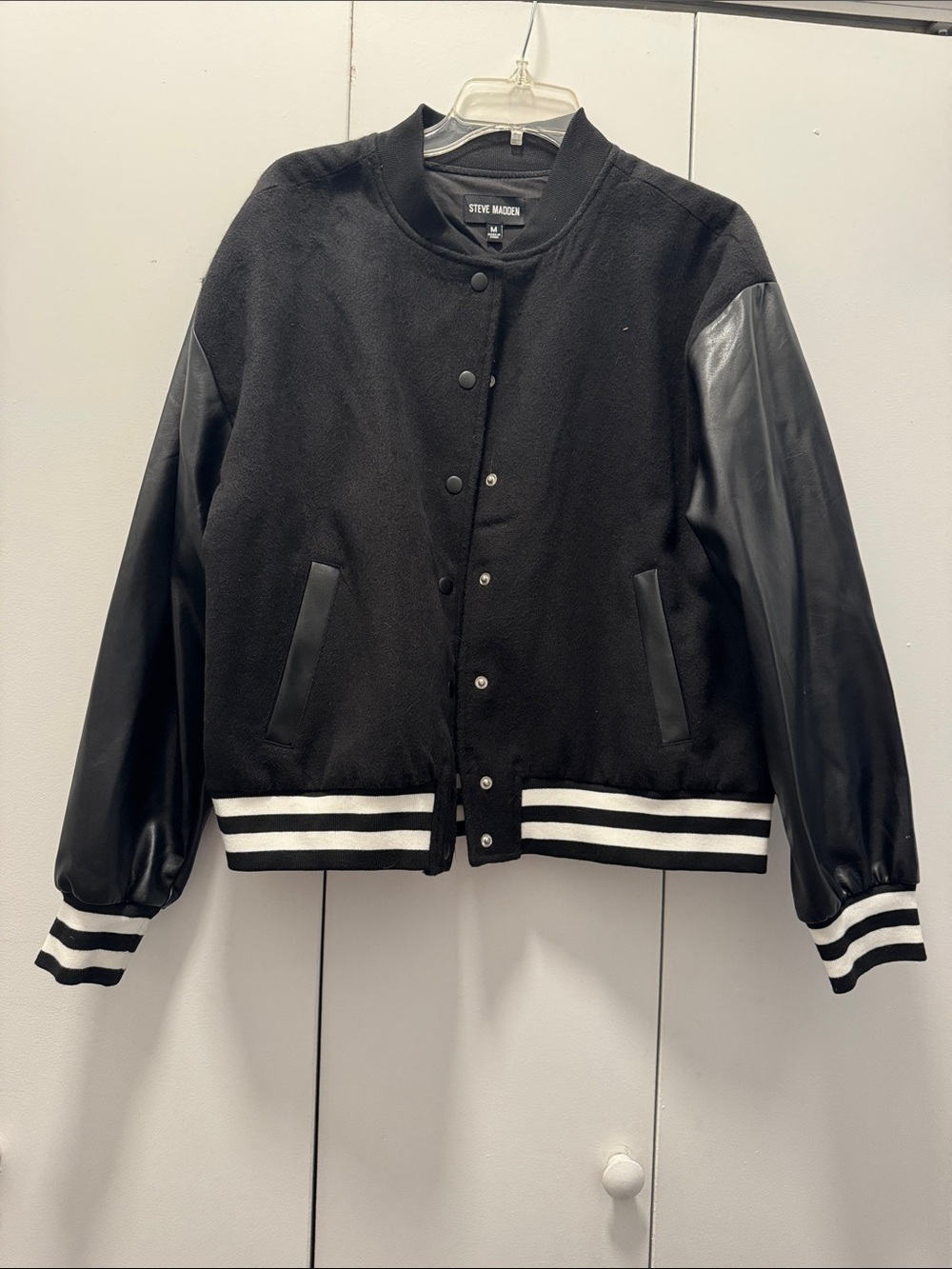 Steve Madden Black Varsity Jacket with White Stripe Trim